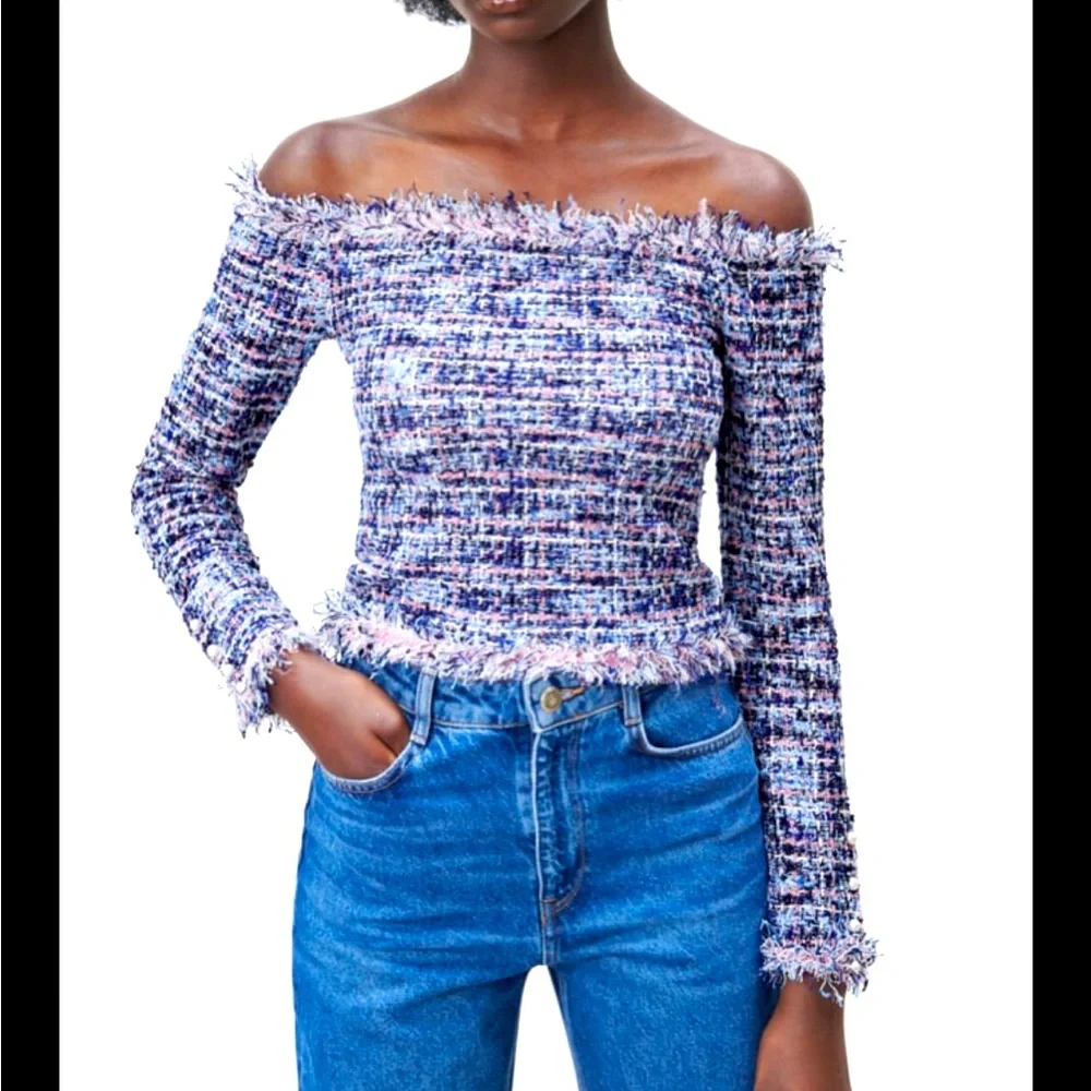 Zara textured pink metallic fibers stretching tweed frayed hem long sleeves top - Picture 2 of 15